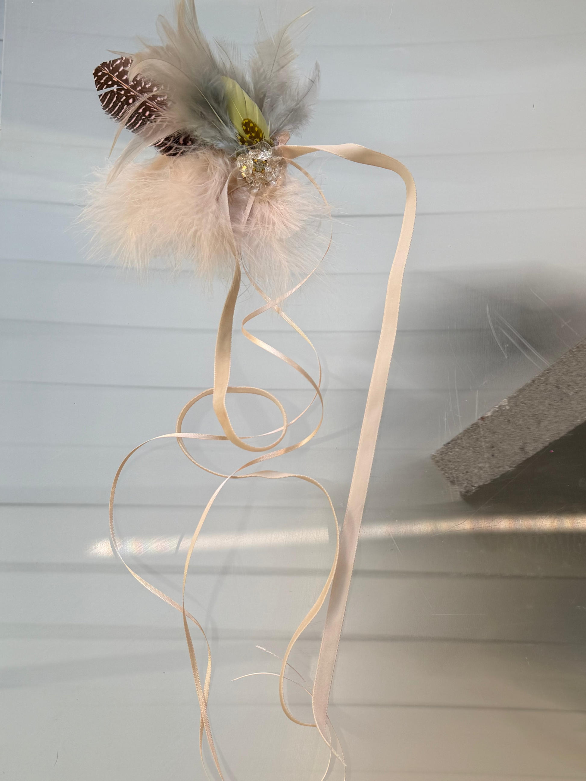 Edition: 1/1
Materials: Japanese marabou feathers, deadstock embellishments, ribbon
Fastening: Pin back and alligator clip
Made in: Meanjin, Australia
Care instructions: Keep dry and store flat
Collection: Gussy Objects 001